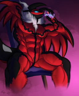 anthro big_muscles chair drinking featureless_crotch furniture looking_at_viewer male muscular muscular_male on_chair sitting sitting_on_chair solo ivore nintendo pokemon avian bird generation_6_pokemon legendary_pokemon pokemon_(species) yveltal hi_res