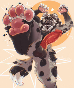 4_toes 5_fingers animal_genitalia animal_penis anthro balls black_claws black_eyebrows black_hair black_markings black_nose bodily_fluids brown_eyes butt canine_genitalia canine_penis claws erection eyebrows fangs feet fingers foot_focus fur genital_fluids genitals grey_body grey_fur hair knot knotted_penis long_hair looking_at_viewer low-angle_view male markings multicolored_body multicolored_fur multicolored_hair nude pawpads paws penis pink_pawpads precum red_penis smile solo spots spotted_body spotted_fur sweat sweaty_balls sweaty_genitalia sweaty_penis tail teeth toes two_tone_hair whiskers white_hair white_markings worm's-eye_view honeypie~ hyena mammal spotted_hyena colored digital_drawing_(artwork) digital_media_(artwork) hi_res shaded
