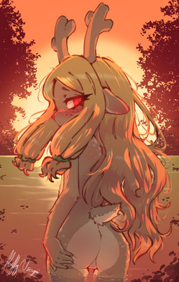 2_horns 5_fingers anthro antlers arm_tuft biped blonde_hair blush brown_body brown_fur brown_horn brown_tail butt elbow_tuft eyebrows eyelashes female female_anthro fingers fluffy fluffy_tail forest_background freckled_back freckled_butt freckled_face freckles fur genitals gesugao glowing glowing_eyes hair hand_on_butt hand_on_own_butt head_turned horn innie_vulva long_hair looking_at_viewer looking_back looking_back_at_viewer multicolored_body multicolored_fur multicolored_tail nude nude_anthro nude_female outside partially_submerged plant rear_view red_eyes red_nose scut_tail short_tail solo spread_butt spreading standing sunset tail tan_body tan_fur tan_tail tree tuft two_tone_body two_tone_fur vulva water young young_anthro young_female fluffyusagii deltarune undertale_(series) noelle_holiday deer mammal new_world_deer reindeer 2026 absurd_res digital_drawing_(artwork) digital_media_(artwork) hi_res signature
