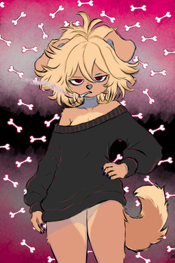 anthro blonde_hair bone clothing drugs eyebrows female fur hair legwear looking_at_viewer marijuana red_eyes smoke smoking smoking_marijuana solo sweater tail thigh_highs topwear yellow_body yellow_fur roli_poli canid canine canis domestic_dog mammal 2:3 hi_res