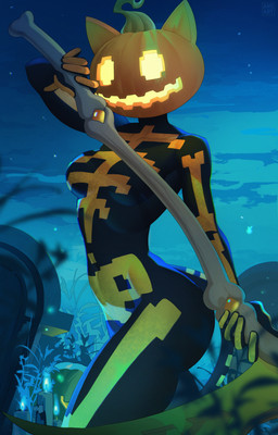 athletic athletic_female bodysuit breasts clothing female holidays jack-o'-lantern melee_weapon polearm scythe skinsuit solo tight_clothing weapon ansart epic_games fortnite halloween spice_(fortnite) felid feline mammal absurd_res hi_res