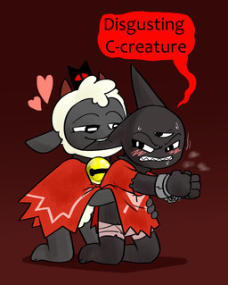 3_eyes anthro anthro_on_anthro blush bodily_fluids bound clenched_teeth dialogue drooling duo ear_nibble fur grey_body half-closed_eyes heart_symbol kneeling male multi_eye narrowed_eyes red_background saliva sharp_teeth simple_background smile sweat teeth text wool_(fur) nylonhellhole cult_of_the_lamb massive_monster_(studio) lamb_(cult_of_the_lamb) narinder red_crown_(cult_of_the_lamb) bovid caprine felid feline mammal sheep 2023 english_text hi_res
