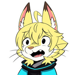 anthro black_clothing black_topwear blonde_hair blue_clothing blue_topwear brown_nose clothed clothing fangs front_view fully_clothed fur hair inner_ear_fluff male open_mouth pink_inner_ear pink_tongue short_hair simple_background simple_eyes solo teeth tongue topwear tuft unsigned white_background white_body white_fur white_inner_ear_fluff yellow_body yellow_fur penguinexperience canid canine fox mammal 1:1 bust_portrait icon low_res portrait reaction_image