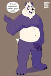 anthro belly dialogue genitals humanoid_genitalia humanoid_hands humanoid_penis male moobs nipples overweight overweight_male penis purple_body solo text white_body berrymilkbear pandoboo bear giant_panda mammal 2022 english_text hi_res