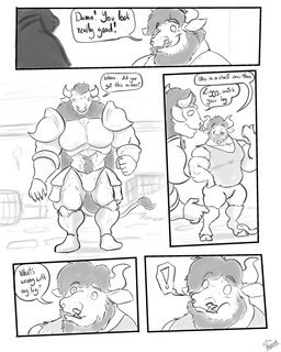 abs anthro armor beard bulge clothed clothing dialogue dungeon duo facial_hair fur hair horn male male/male muscular muscular_anthro muscular_male pecs plate_armor speech_bubble standing tail text topwear unconvincing_armor warrior uniparasite bovid bovine cattle mammal reptile scalie snake 4:5 comic digital_media_(artwork) english_text hi_res sketch