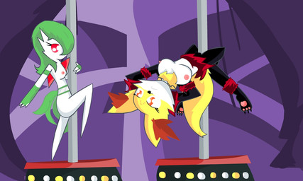 anthro breasts dancing duo female fur genitals green_hair hair inner_ear_fluff looking_at_viewer nails nipples orange_eyes pawpads paws pole pole_dancing red_eyes simple_background tuft vulva white_body white_fur white_skin yellow_body yellow_fur e-01 nintendo pokemon canid canine delphox gardevoir generation_3_pokemon generation_6_pokemon mammal pokemon_(species) 2016 5:3 digital_media_(artwork)