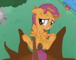 convenient_censorship feathered_wings feathers female feral fur grass hair misleading_thumbnail orange_body orange_feathers orange_fur pinecone plant purple_eyes purple_hair smile solo tail tree tree_sap wings wood young young_feral facelessjr friendship_is_magic hasbro my_little_pony mythology scootaloo_(mlp) equid equine mammal mythological_creature mythological_equine pegasus 2012 5:4 censored