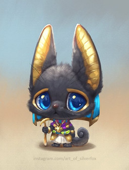 ankh anthro black_body black_fur blue_eyes chibi clothed clothing frown fully_clothed fur headdress jewelry male necklace solo staff text whiskers yellow_body yellow_fur silverfox5213 egyptian_mythology middle_eastern_mythology mythology anubis anubian_jackal canid canine canis deity jackal mammal 2019 url