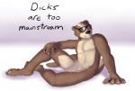 alternative_fashion andromorph anthro blue_eyes eyewear genitals glasses hipster intersex pussy simple_background solo tail text white_background unknown_artist badger hybrid mammal mustelid musteline otter english_text