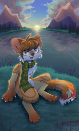 ambiguous_gender anthro bangs cheek_tuft chest_tuft claws cloud detailed_background digitigrade facial_tuft fangs feet finger_claws grass handpaw hindpaw kemono mostly_nude open_mouth open_smile outside paws plant river scarf scarf_only sitting sky smile solo sun sunset teeth tuft water ezpups gulonine mammal marten mustelid musteline pine_marten absurd_res hi_res