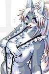 5_fingers accessory anthro big_breasts bikini black_nose bow_(feature) bracelet breasts cheek_tuft chest_tuft claws clothed clothing covering covering_breasts covering_self eyelashes facial_tuft fangs female female_anthro fingers frilly fur grey_body grey_fur hair hair_accessory jewelry kemono long_hair looking_at_viewer maid_uniform navel open_mouth purple_eyes simple_background skimpy smile solo swimwear teeth tuft two-piece_swimsuit uniform white_body white_fur white_hair ookamiwaho meme_clothing yuio_maid_dress okami_bark canid canine canis mammal wolf 2:3 digital_media_(artwork) hi_res meme