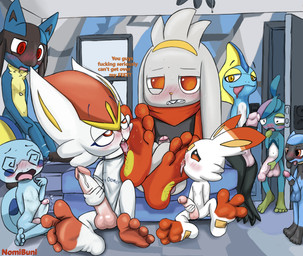 anthro balls blush erection evolutionary_family feet foot_fetish genitals group hindpaw humanoid_feet licking male male/male paws penis plantigrade pornography tongue young nomibuni nintendo pokemon cinderace drizzile generation_4_pokemon generation_8_pokemon humanoid inteleon lagomorph leporid lucario mammal pokemon_(species) rabbit raboot riolu scorbunny sobble hi_res