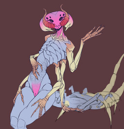 antennae_(anatomy) anthro arthropod_abdomen big_tail blue_body brown_background cerci_(anatomy) compound_eyes exoskeleton female flat_chested genitals mandibles multi_arm multi_eye multi_limb non-mammal_vulva ocellis simple_background solo tail vulva sun_bug scolopendra_girl_(sun_bug) arthropod centipede insect myriapod scolopendra absurd_res flat_colors hi_res