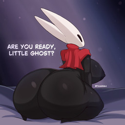 2_horns areola bed big_breasts big_butt biped black_areola black_body black_breasts black_butt black_eyes black_nipples breasts butt clothing dialogue female furniture horn huge_butt looking_back nipples on_bed question_mark red_clothing solo text white_head white_text fromariels hollow_knight_(franchise) team_cherry hornet_(hollow_knight) arthropod 1:1 2025 absurd_res artist_name english_text hi_res
