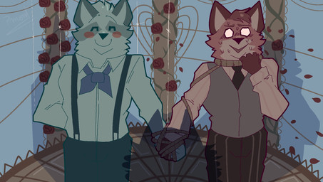 anthro blossoms blush bodily_fluids clothed clothing detailed_background duo flower hand_hold heart_symbol male male/male plant rope rose_(flower) sweat thread pinumontbalou echo_(series) echo_project the_smoke_room jim_sterling_(the_smoke_room) murdoch_byrnes canid canine canis fox mammal hi_res