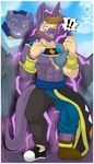 anthro aura border bottomwear character_transformation clothing exclamation_point footwear hair hairless human_to_anthro pants purple_aura purple_body shoes species_transformation tail tf_into_fictional_character transformation twinning white_border wristband yellow_sclera alsoflick dragon_ball dragon_ball_super dragon_ball_z beerus domestic_cat felid feline felis hairless_cat human mammal absurd_res artist_name hi_res signature