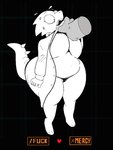 ambiguous_gender anthro belly big_breasts breasts clothing coat disembodied_hand duo female front_view huge_breasts lab_coat lifting_partner overweight overweight_anthro overweight_female text thick_thighs thong topwear underwear wide_hips goz-o undertale_(series) alphys lizard reptile scalie hi_res