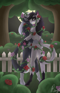breasts dark duo female female/female flower genitals hug light moon moonlight multicolored_nipples night nipples nude plant rose_(flower) thorns vulva roxythefoxy mammal absurd_res hi_res