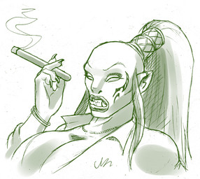 big_breasts breasts cigar cleavage clothed clothing female lips not_furry smoking solo thick_lips gideon humanoid orc