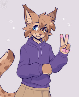 ambiguous_anthro ambiguous_gender anthro blue_eyes bottomwear cheek_tuft clothing cute_fangs ear_tuft facial_tuft fangs freckled_face freckles fur gesture hand_gesture head_tuft heterochromia hoodie inner_ear_fluff looking_at_viewer markings orange_eyes purple_clothing purple_hoodie purple_topwear simple_background skirt smile solo spots spotted_body spotted_fur spotted_markings spotted_tail tail tail_markings teeth topwear tuft v_sign fleurfurr marc_(theblueberrycarrots) felid feline lynx mammal 2025 digital_drawing_(artwork) digital_media_(artwork) half-length_portrait hi_res portrait male_(lore)