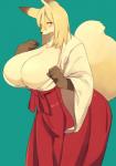 anthro asian_clothing big_breasts black_body black_fur black_nose blush bottomwear breasts clothed clothing dipstick_ears ear_markings east_asian_clothing female fur fur_tuft hair hakama haori japanese_clothing kemono long_sleeves looking_at_viewer miko_outfit multicolored_body multicolored_ears multicolored_fur red_bottomwear red_clothing red_hakama simple_background smile solo tan_body tan_fur tan_hair tuft white_haori akitaka canid canine fox mammal