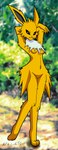 absurd_res anthro anthrofied arms_above_head black_sclera breasts chest_tuft eeveelution featureless_breasts featureless_crotch female forest fur generation_1_pokemon hi_res jolteon looking_at_viewer mammal navel nikku_lunatique nintendo nude plant pokemon pokemon_(species) pokemorph smile solo standing tree tuft white_body white_fur yellow_body yellow_fur