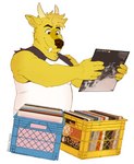 anthro brown_eyes clothing fangs fur horn male male_anthro milk_crate shirt sleeveless_shirt solo teeth topwear vinyl_record yellow_body yellow_fur borkthunder dj_strap cervine deer mammal muntjac absurd_res hi_res