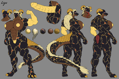 abs better big_breasts big_muscles black_body black_scales blonde_hair breasts digitigrade forked_tongue gold_scales gynomorph hair horn huge_breasts huge_muscles intersex long_hair long_tongue markings multiple_poses muscular muscular_intersex muscular_thighs nude pose raised_arm red_eyes scales solo standing tail thick_tail tongue maytrus mythology dragon mythological_creature mythological_scalie scalie 3:2 hi_res model_sheet