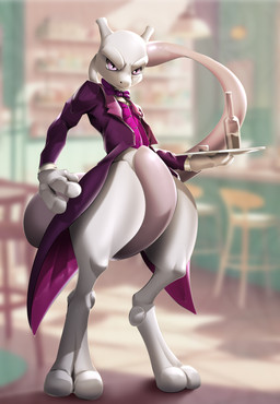 alcohol anthro beverage bow_tie butler clothing featureless_crotch male solo suit topwear vest nastya_tan nintendo pokemon generation_1_pokemon legendary_pokemon mewtwo pokemon_(species) hi_res