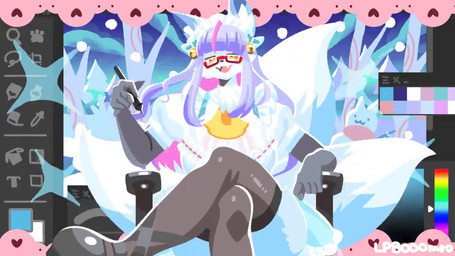 anthro big_breasts blue_body blue_fur bouncing_breasts breasts chair cleavage clothed clothing drawing_program dress eyewear female footwear fur furniture glasses glistening glistening_breasts hair legwear long_hair multi_tail pen_(object) purple_hair shoes solo tail thick_thighs thigh_highs yellow_eyes lp8000mao canid canine fox mammal 16:9 2d_animation animated motion_tweening no_sound short_playtime video widescreen