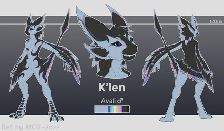 4_ears anthro biped black_body black_claws black_feathers black_sclera blue_body blue_eyes claws color_swatch digitigrade feathered_wings feathers featureless_crotch feet fingers front_view gradient_background male multi_ear multicolored_body nude pseudo_hair simple_background smile solo standing tail teeth text toes white_body white_feathers winged_arms wings madcatzdrawings k'len_(danjil_olivaw) avali 2022 artist_name character_name dated digital_media_(artwork) hi_res model_sheet