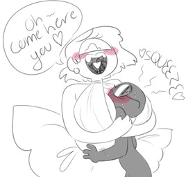 big_breasts blush breasts duo female hair hug not_furry simple_background smile text unnecessaryfansmut anonymous poppy_the_cyclops cyclops humanoid english_text hi_res
