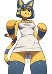 anthro big_clitoris bodily_fluids clitoris clothed clothing female frown genital_fluids genitals looking_at_viewer low-angle_view no_underwear paws pussy simple_background solo standing vaginal_fluids white_background peakbuns animal_crossing nintendo ankha_(animal_crossing) domestic_cat felid feline felis mammal