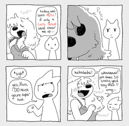 anthro big_ears blush bodily_fluids breasts cleavage clothed clothing compliment crying dialogue duo ear_grab eye_roll looking_aside shirt sigh speech_bubble sweat tank_top tears text topwear kint warren_(kint) bird_dog canid canine canis cocker_spaniel domestic_dog hunting_dog mammal spaniel comic english_text nonbinary_(lore)