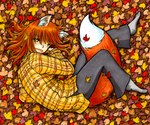 2014 6:5 animal_humanoid autumn autumn_leaves bottomwear canid canid_humanoid clothed clothing ear_piercing female footwear fox_ears fox_tail freckles fred_gallagher fredrin hair hi_res humanoid inner_ear_fluff komugiko_(megatokyo) looking_at_viewer lying mammal mammal_humanoid marker_(artwork) medium_hair megatokyo on_side open_mouth orange_eyes orange_hair pants pattern_clothing pattern_topwear piercing plaid plaid_clothing plaid_topwear smile smiling_at_viewer snaggle_tooth socks solo topwear traditional_media_(artwork) tuft