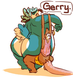 annoyed anthro belly big_butt bottomwear butt clothing dialogue duo fluffy fluffy_tail hair holding_arm larger_male long_tail looking_at_another male male/male moobs nipple_piercing nipple_ring nipples open_mouth overweight overweight_male piercing raised_arm rear_view ring_piercing shirt shorts size_difference slim_male smaller_male speech_bubble standing tail tank_top text thick_thighs topwear joebluefox gerrark joe_(joebluefox) canid canine fox mammal murid murine rat rodent english_text