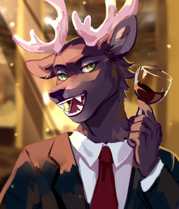 anthro antlers black_clothing black_jacket black_nose black_topwear blurred_background brown_body brown_fur clothed clothing container cup drinking_glass eyelashes fangs front_view fur glass glass_container glass_cup glistening glistening_eyes green_eyes holding_container holding_cup holding_drinking_glass holding_object holding_wine_glass horn jacket jewelry looking_at_viewer male necklace open_mouth red_jewelry red_necklace red_tongue solo teeth tongue topwear unsigned white_antlers white_clothing white_topwear wine_glass corzh77 deer mammal absurd_res half-length_portrait hi_res portrait