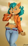 anthro black_nose blue_eyes blue_hair blush bottomwear clothed clothing female hair jacket navel pants smile solo topwear g4rron the_mysteries_of_providence kate_(the_mysteries_of_providence) canid canine fox mammal 3:5 hi_res