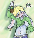 alcohol anthro beer beverage blush clothed clothing clothing_lift drunk ear_piercing food helix_piercing holidays male navel navel_pendant navel_piercing piercing sagging shirt shirt_lift solo substance_intoxication topwear underwear calli st._patrick's_day aoi_(calli) lagomorph leporid mammal rabbit digital_media_(artwork) low_res oekaki