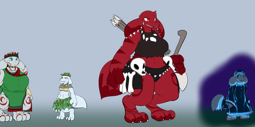 3_toes 4_fingers anthro axe blue_eyes bodypaint bone bottomwear clothed clothing feet female fingers group male melee_weapon polearm simple_background skirt skull spear standing toes weapon lagotrope giant_(lagotrope) katzati korli lucera polo alien canid canine mammal neumono 2015 digital_media_(artwork) hi_res