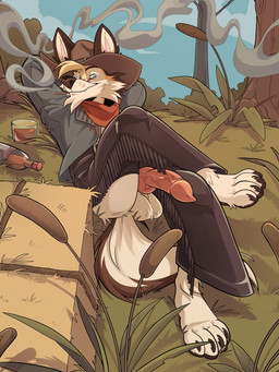 4_toes alcohol animal_genitalia animal_penis anthro balls beverage blonde_hair blue_eyes brown_body brown_fur canine_genitalia canine_penis chaps clothing container cowboy_hat crossed_legs cup drinking_glass erection feet fur genitals glass glass_container glass_cup grass hair hands_behind_head hat headgear headwear jacket knot knotted_penis looking_at_viewer lying lying_on_ground male on_back on_ground outdoor_background outdoor_nudity outside penis pink_inner_ear pink_penis plant smoking solo toes topwear vein veiny_penis whiskey whiskey_bottle whiskey_glass white_body white_fur brownh0und canid canine canis coyote mammal 2026 digital_drawing_(artwork) digital_media_(artwork) english_description hi_res