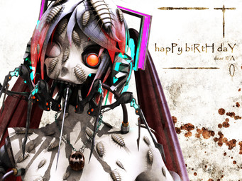 cosplay creepy decay electronics female feral glowing hair happy_birthday headphones horror_(theme) implied_nudity jewelry long_hair looking_at_viewer machine necklace nightmare_fuel no_pupils ponytail red_eyes red_hair skull_necklace solo teeth text wire deino_(artist) vocaloid calne_ca hatsune_miku android arthropod biomechanical crustacean humanoid isopod malacostracan robot robot_humanoid 2009 3d_(artwork) 4:3 autodesk_3ds_max_(artwork) digital_media_(artwork) english_text