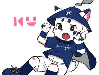 anthro asian_conical_hat blue_clothing blue_footwear blue_shirt blue_socks blue_topwear blush bottomwear cape clothing fangs footwear fur gesture hand_gesture hat headgear headwear male open_mouth shirt shorts simple_background soccer_uniform socks solo sportswear tail teeth tongue topwear uniform v_sign white_background white_body white_bottomwear white_clothing white_fur white_shorts young young_anthro young_male n_agano j.league kagoshima_united_fc uni-ku canid canine canis domestic_cat felid feline felis hybrid mammal wolf 2026 hi_res