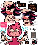 anthro black_body clothed clothing crossdressing dialogue dress duo female green_eyes makeup male male/female pink_body red_eyes smile speech_bubble tail tail_motion tailwag mercurio-shadowz sega sonic_the_hedgehog_(series) amy_rose shadow_the_hedgehog eulipotyphlan hedgehog mammal comic hi_res