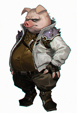 anthro bottomwear brown_clothing claws clothed clothing digitigrade footwear fully_clothed grey_bottomwear grey_clothing grey_pants hand_on_hip jacket male monotone_body monotone_skin overweight overweight_anthro overweight_male pants pink_body pink_claws pink_skin shoes simple_background solo topwear white_background white_clothing white_jacket white_topwear yellow_eyes mu_963 nintendo star_fox pigma_dengar domestic_pig mammal suid suine sus_(pig) 2026 full-length_portrait hi_res portrait