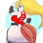 anthro big_butt blonde_hair blue_eyes bottomwear butt clothed clothing female fist_pump furgonomics hair huge_butt huge_hips legwear leotard microskirt miniskirt skirt solo superhero tail tail_through_skirt thigh_highs thong_leotard wide_hips nericurls nerikitty faith_miller avian bird chicken galliform gallus_(genus) phasianid 1:1