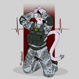 anthro armor_plates belt belt_buckle boots buckle clothing footwear fur hand_on_face hidden_eyes kneeling long_tail male military military_clothing military_jacket military_pants pink_body pink_fur shoes solo tail teeth teeth_showing topwear vest mawkvlt katz_(katzenkompf) felid mammal absurd_res hi_res