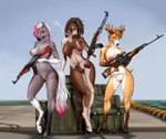 animal_genitalia anthro breasts cigarette equine_genitalia eyewear female fur genitals group gun hair hooves nipples nude pussy ranged_weapon simple_background smoke smoking sunglasses tail trio weapon velvet_requiem broderick_longshanks daxx_(dkmt12) nitro_(littlewattson) cervine deer equid equine horse mammal digital_media_(artwork) hi_res