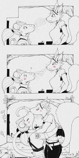 anthro belt blush bottomwear breasts clothed clothing dialogue duo eyes_closed female fluffy fluffy_tail fur hair hug kissing open_mouth outside plant shirt snout speech_bubble tail teeth text that_escalated_quickly topwear tree whiskers gompami mammal murid murine rat rodent sciurid tree_squirrel absurd_res comic english_text hi_res