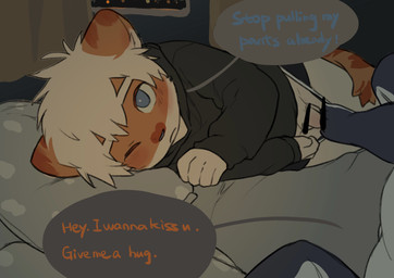 adolescent annoyed anthro assisted_exposure balls bed black_clothing black_hoodie black_topwear black_underwear blue_eyes blue_nose blush clothed clothing clothing_pull countershading crotch_tuft dialogue duo ears_down first_person_view flaccid fur furniture genitals hair head_on_pillow hoodie kemono looking_at_another looking_at_partner looking_at_viewer lying male male/male on_bed on_side one_eye_closed orange_body orange_fur penis pillow pivoted_ears romantic shota side_by_side teasing text topwear tuft underwear underwear_pull undressing undressing_another undressing_partner white_body white_countershading white_hair young young_anthro young_male milkybot hu_ku_li_(milkybot) yay_(milkybot) ambiguous_species domestic_cat felid feline felis mammal 2021 absurd_res censored english_text hi_res